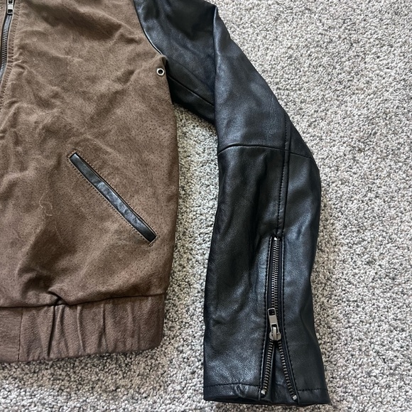 MANGO LEATHER BROWN Suede BLACK Colorblock WOMEN'S JACKET Zip up Bomber SIZE XS - Picture 3 of 15